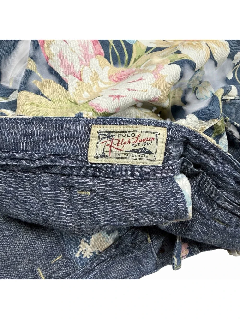Polo Ralph Lauren Mens Blue Floral Print Linen Blend Shorts Size 34